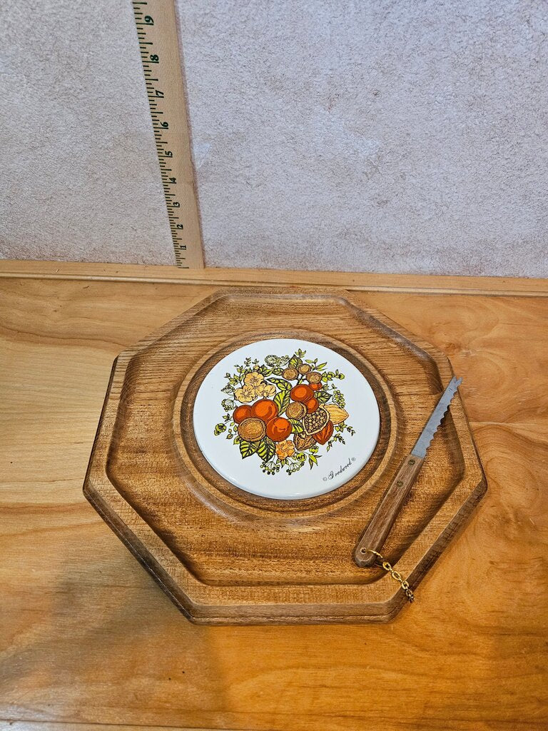 Mid Century Modern Cheese Tray w fruit motif, 1960s Cheese Board, Vintage Charcuterie Board With knife attached, Midcentury Modern Tableware