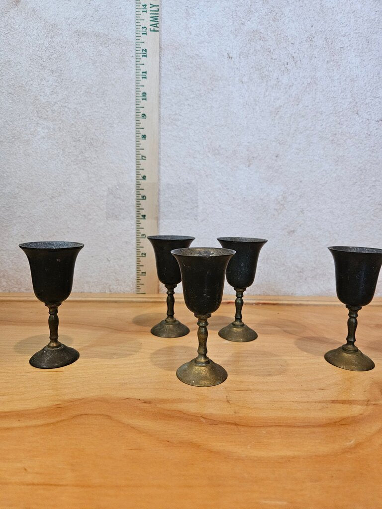 Set of 5 Vintage Brass Metal Goblets aged and elegant