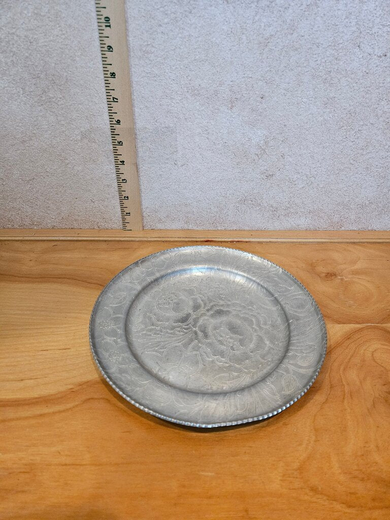 Vintage Aluminum Tray Hammered Floral Relief Embossed Engraved Serving Plate Platter Metalware