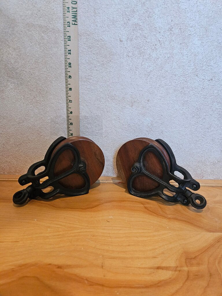 Pair Antique BARN PULLEY, Large Wood & Iron Pulley, Industrial Farmhouse Decor, Industrial Pulley, Primitive Tool, Steampunk Pulley