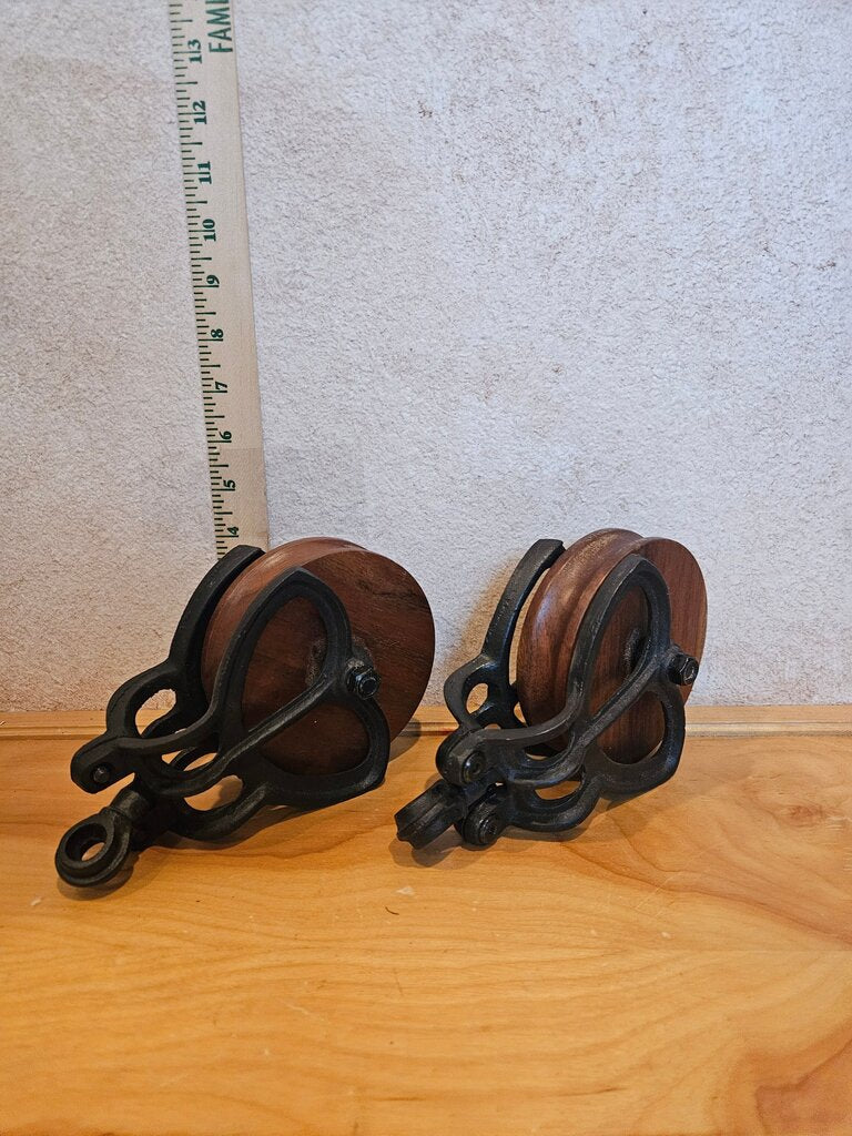 Pair Antique BARN PULLEY, Large Wood & Iron Pulley, Industrial Farmhouse Decor, Industrial Pulley, Primitive Tool, Steampunk Pulley