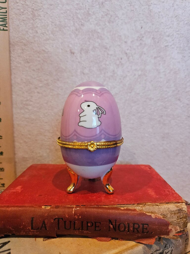 Vintage Easter Trinket Box Egg Shape on 3 Feet Bunny Purple Pink White Rabbit Gold Trim