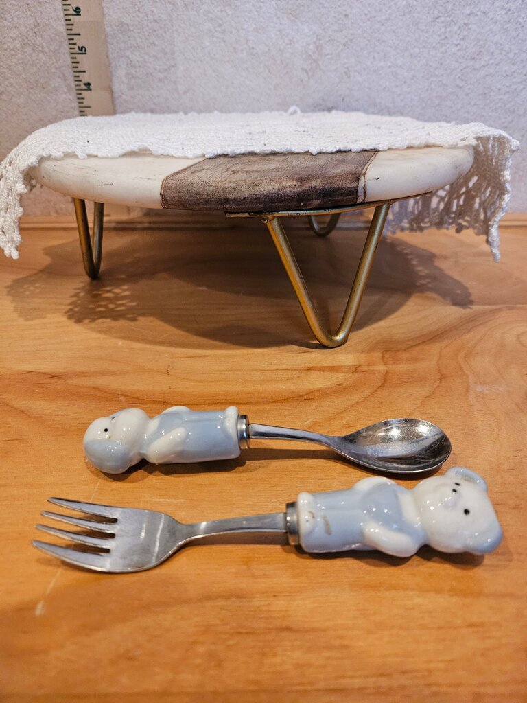 Made In Japan, Vintage Child's Spoon, Fork Set, Ceramic 3-D Animal Handles, Stainless Steel, Ca. 1960's