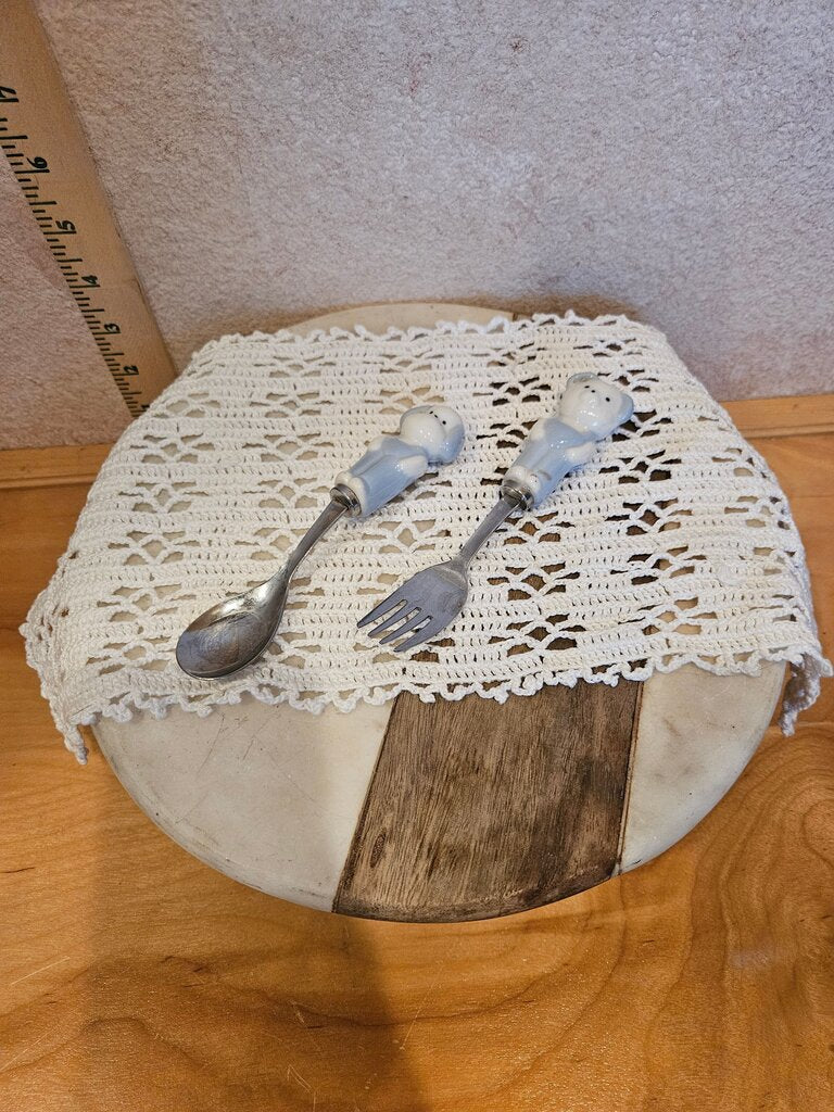 Made In Japan, Vintage Child's Spoon, Fork Set, Ceramic 3-D Animal Handles, Stainless Steel, Ca. 1960's