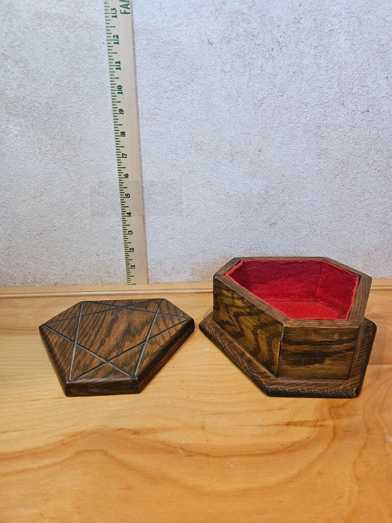 Vintage Wooden Hexagonal Jewelry trinket dice dungeons dragons box engraved