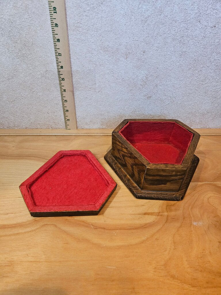 Vintage Wooden Hexagonal Jewelry trinket dice dungeons dragons box engraved