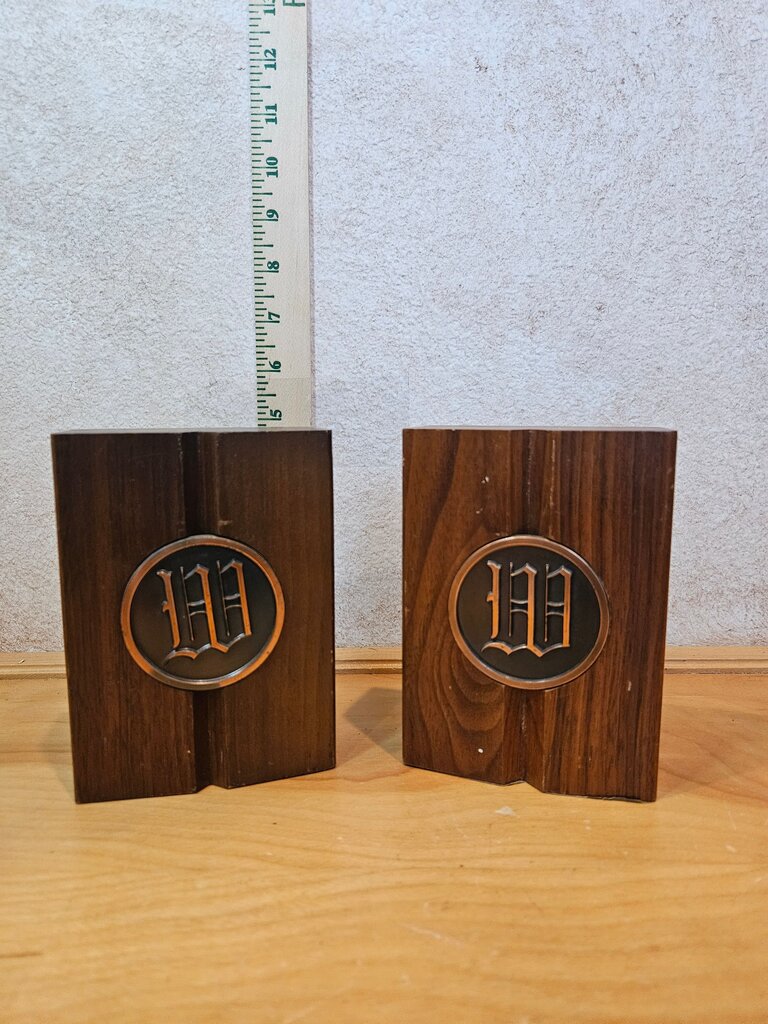 Vintage Wood Bookends Brass Monogrammed MCM Mid Century Modern Letter W