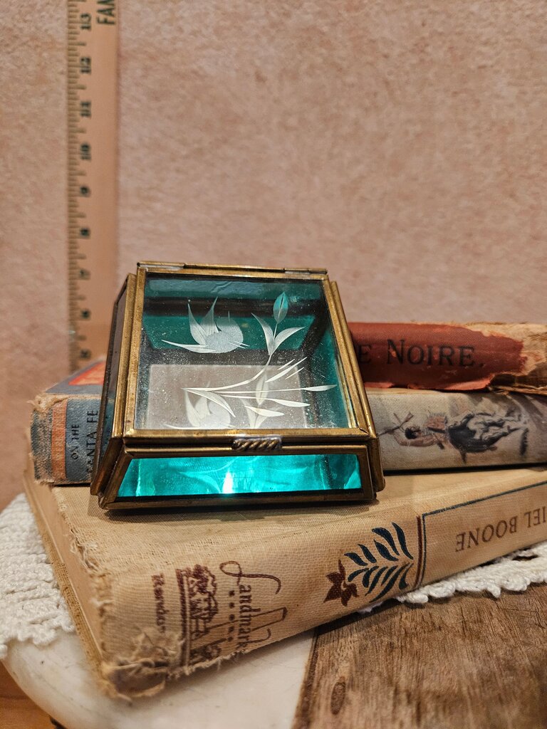 Vintage Brass and Etched Glass Mirror Jewelry Trinket Box