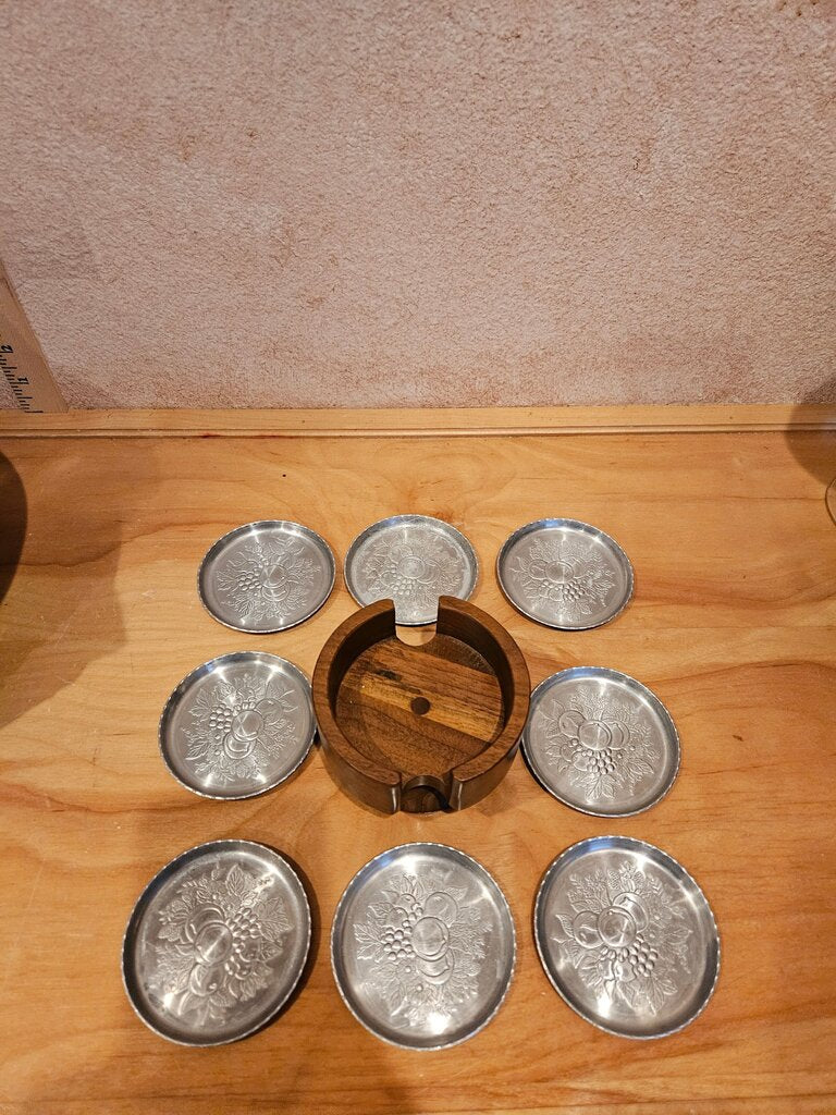 8 Vintage Silver Metal embossed Coaster Set fruit Decor with mcm sleek wooden holder