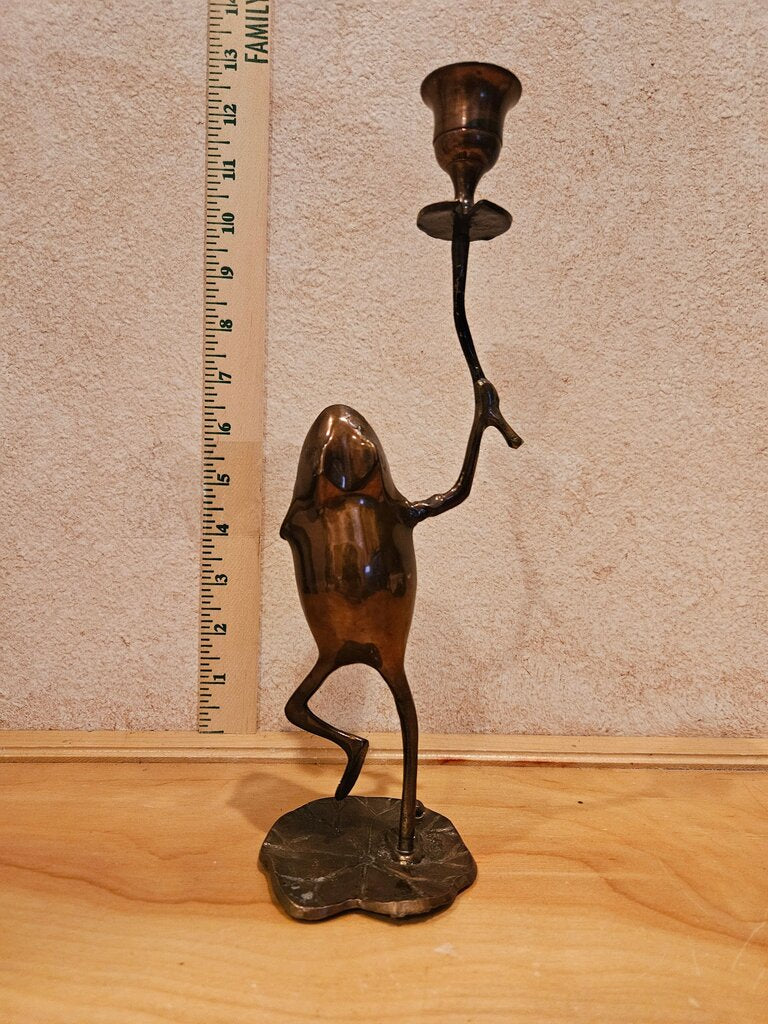 Vintage frog candle holder. Joyful frog on a lily pad, metal with Brass verdigris finish