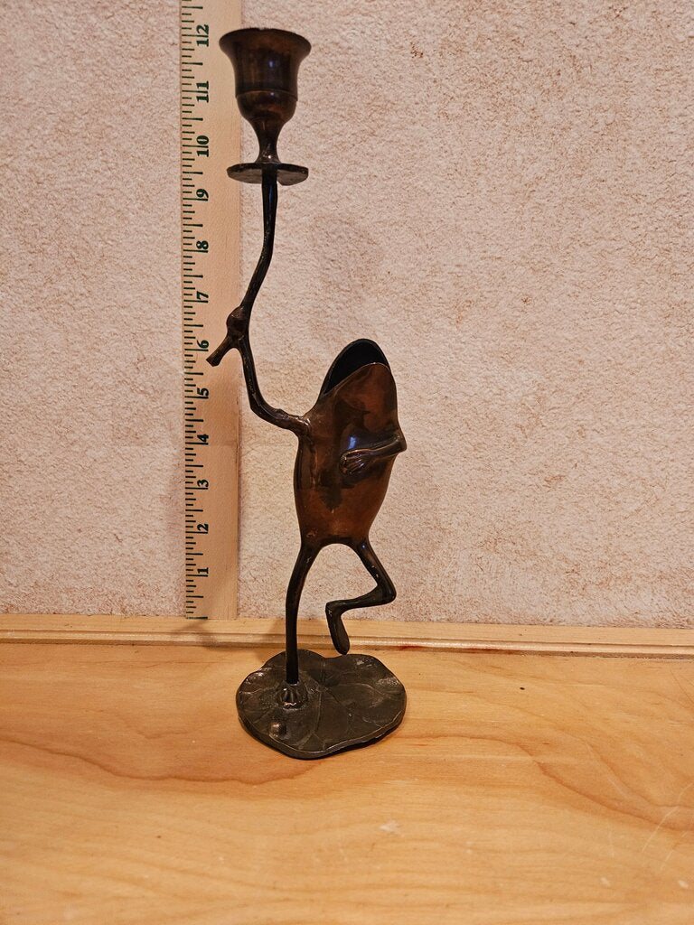 Vintage frog candle holder. Joyful frog on a lily pad, metal with Brass verdigris finish