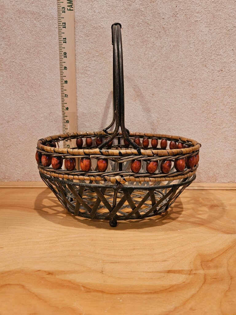 Ornate Metal and Wicker Basket/ Gift Basket/ Handle Basket / Footed Basket as is