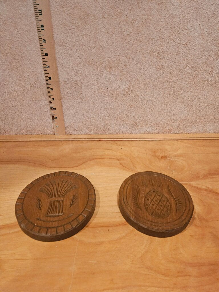 Pair of Vintage Wood Hand Carved Plaques shortbread press mold carving Signed Cottage Farmhouse pineapple, wheat wall decor