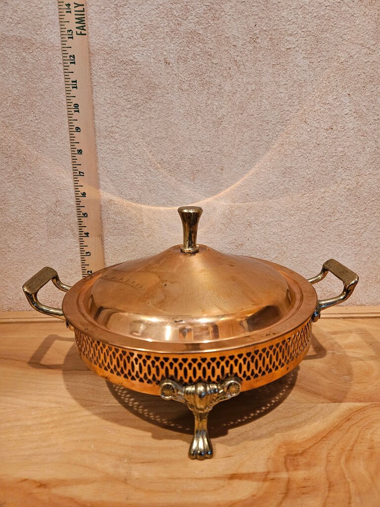 Vintage Georges Briard Fire King Brass & Copper Buffet Server Casserole Made in USA 2qt
