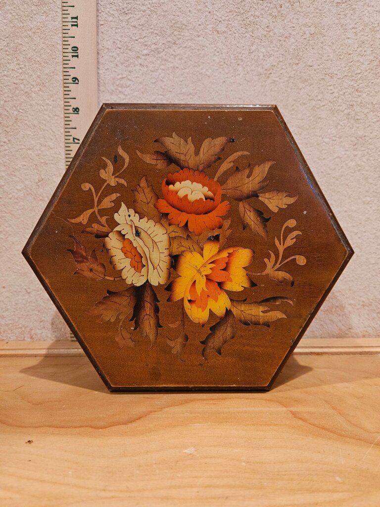 Vintage Hexagon Wooden Jewelry Box with Floral Motif Inlay
