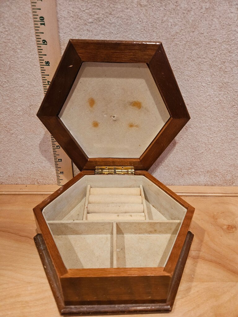 Vintage Hexagon Wooden Jewelry Box with Floral Motif Inlay