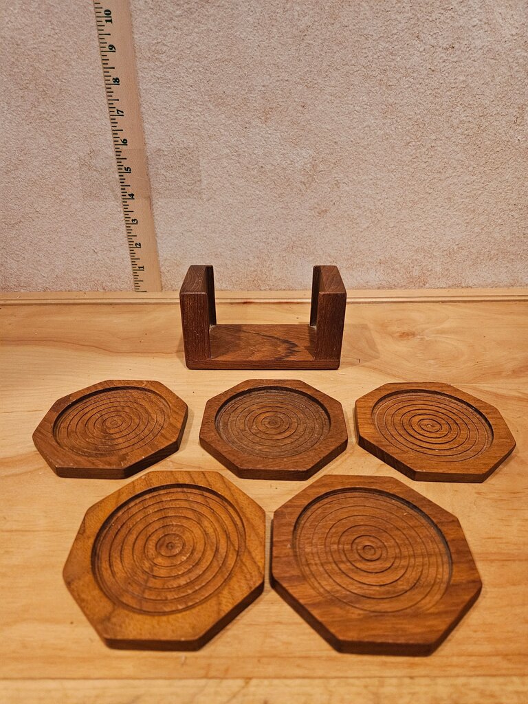 Kalmar Designs Vintage MCM Round Wood Coasters & Caddy Set