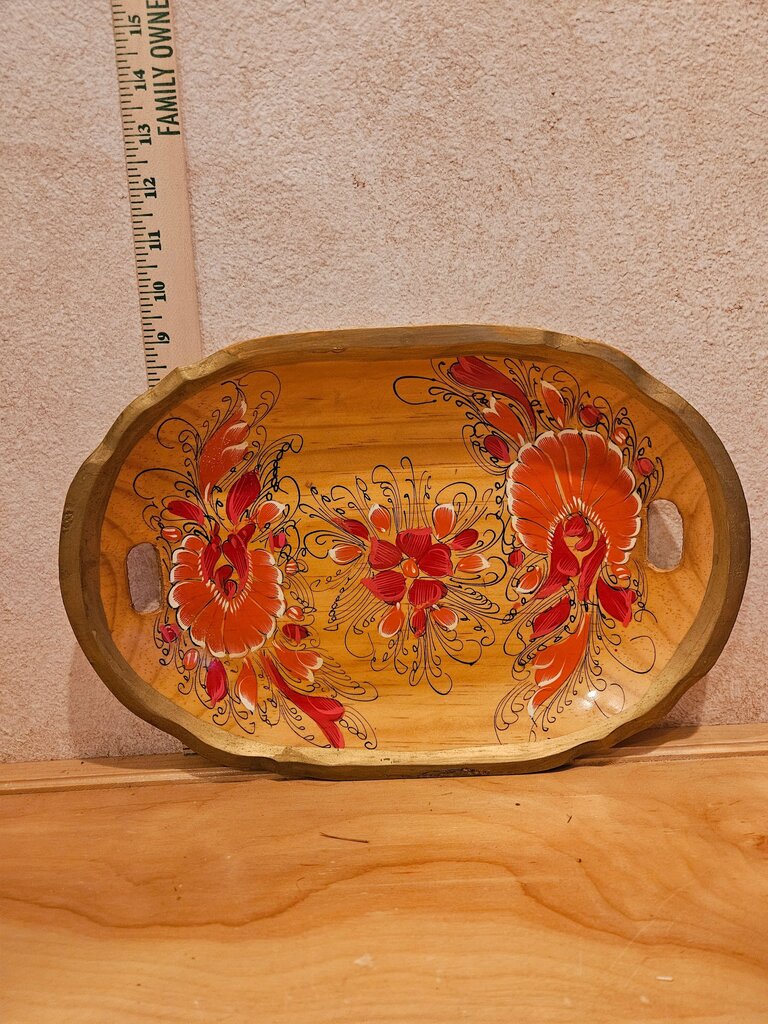 Vintage Wooden Serving Tray with Floral Design Oval, scalloped edge Platter Handles