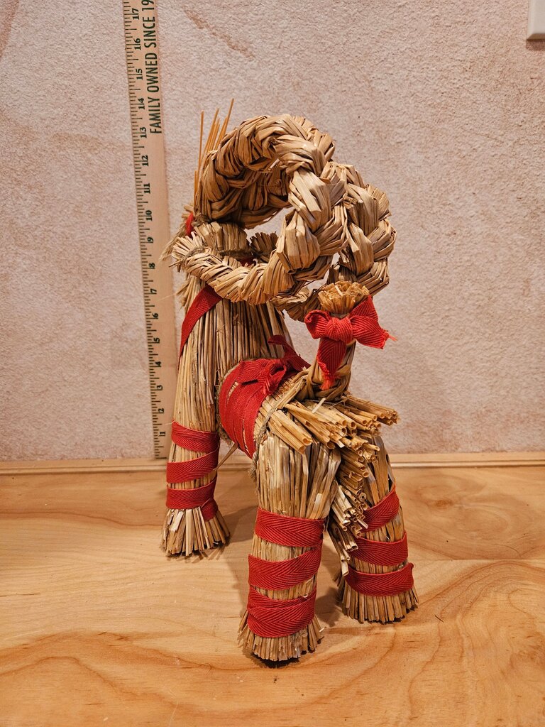 Adorable danish vintage christmas straw decoration goat with red ribbon