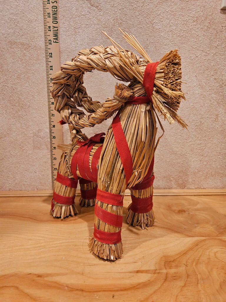 Adorable danish vintage christmas straw decoration goat with red ribbon