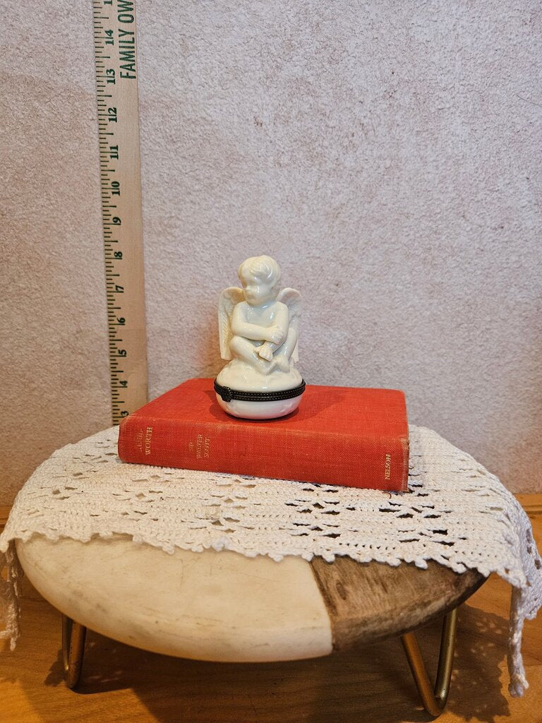 Vintage pair of white porcelain Cherub Angel Krómer trinket boxes