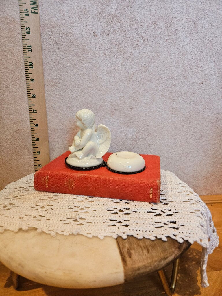 Vintage pair of white porcelain Cherub Angel Krómer trinket boxes