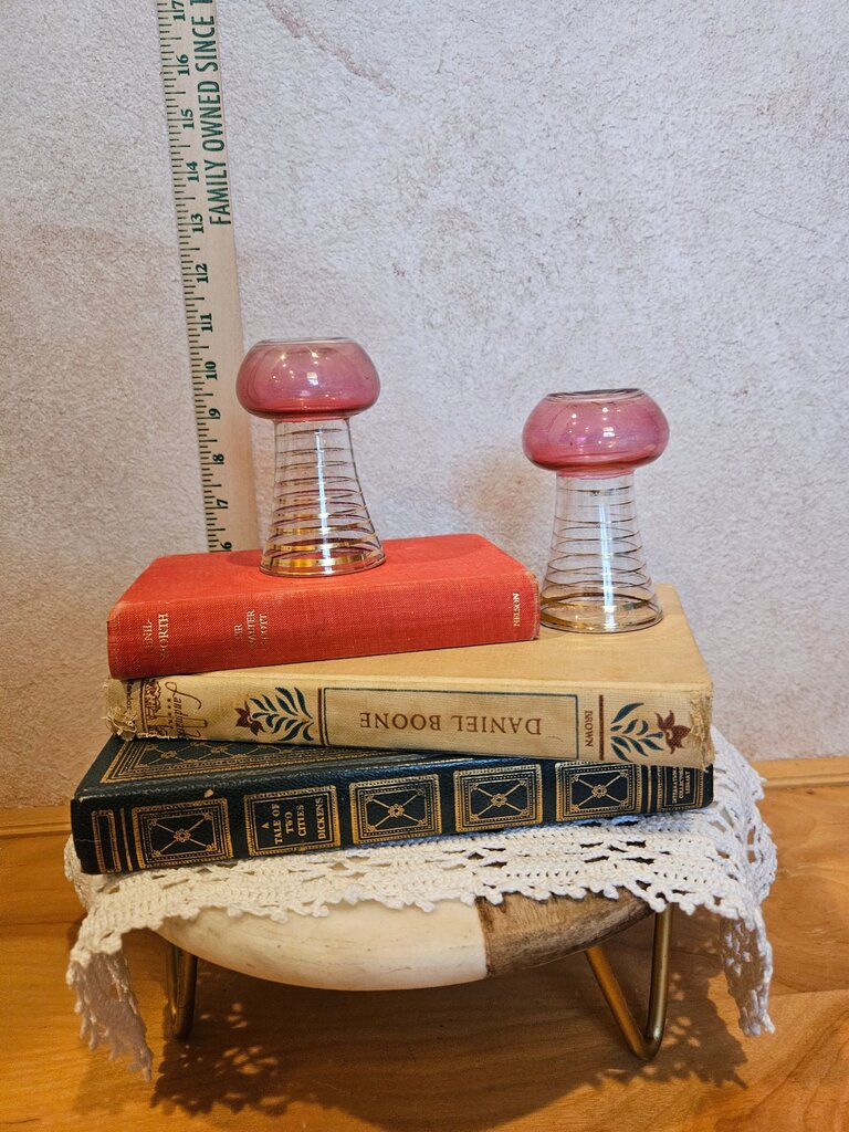 [pair 50's Bartlett Collins 3.75" Art-GLASS BUD VASE Cranberry w/ Gold Stripes E