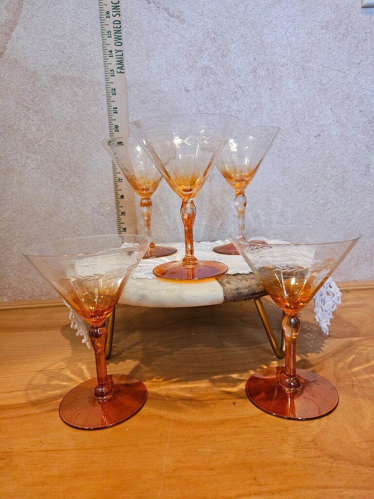 Vintage Amber Orange Glass Cocktail Glasses Set 5 barware