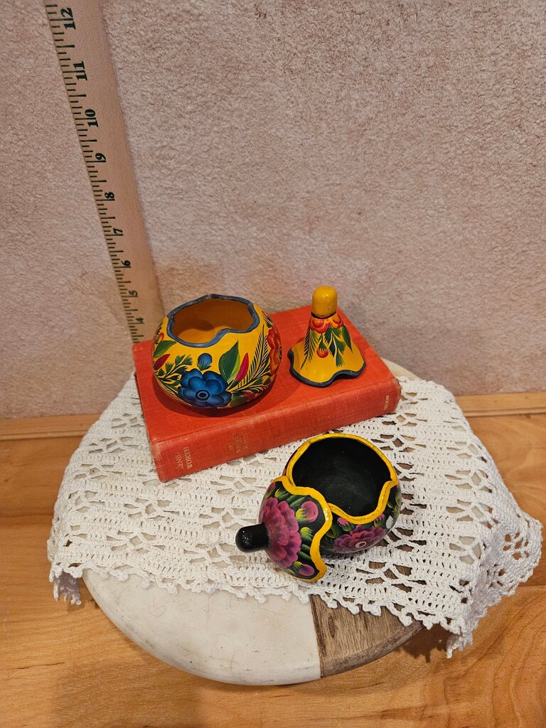 Pair of Lacquer Gourd Hand Painted Flowers Handmade Olinalá Mexican Folk Art Med
