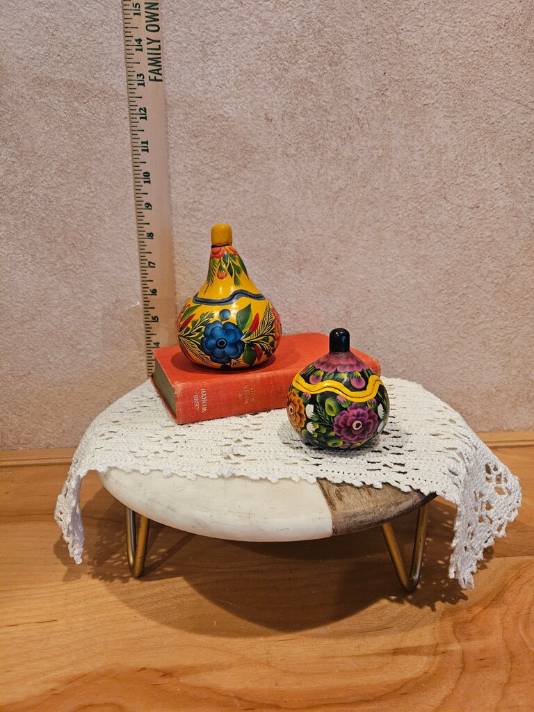 Pair of Lacquer Gourd Hand Painted Flowers Handmade Olinalá Mexican Folk Art Med