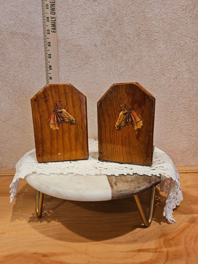 Vintage Bookend Statue Handmade Equestrian Wood Blocks Western Cowboy Horse Bookends
