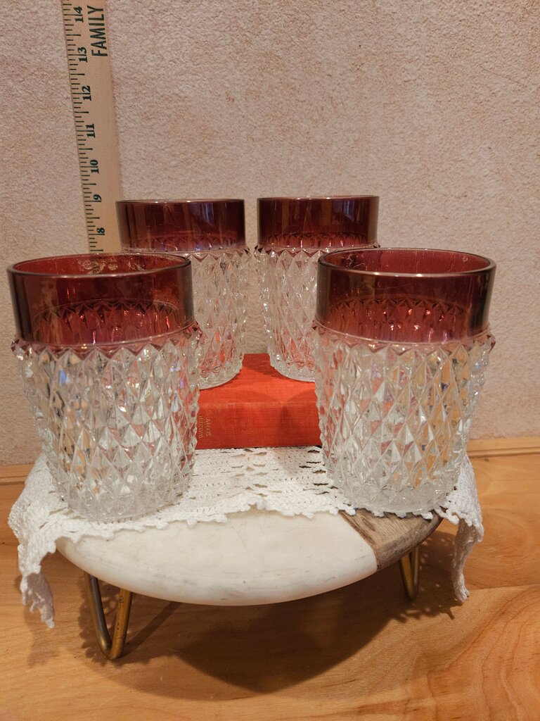 Vintage Ruby Red Flash Diamond Point flat bottom tumblers by Indiana Glass Cranberry barware