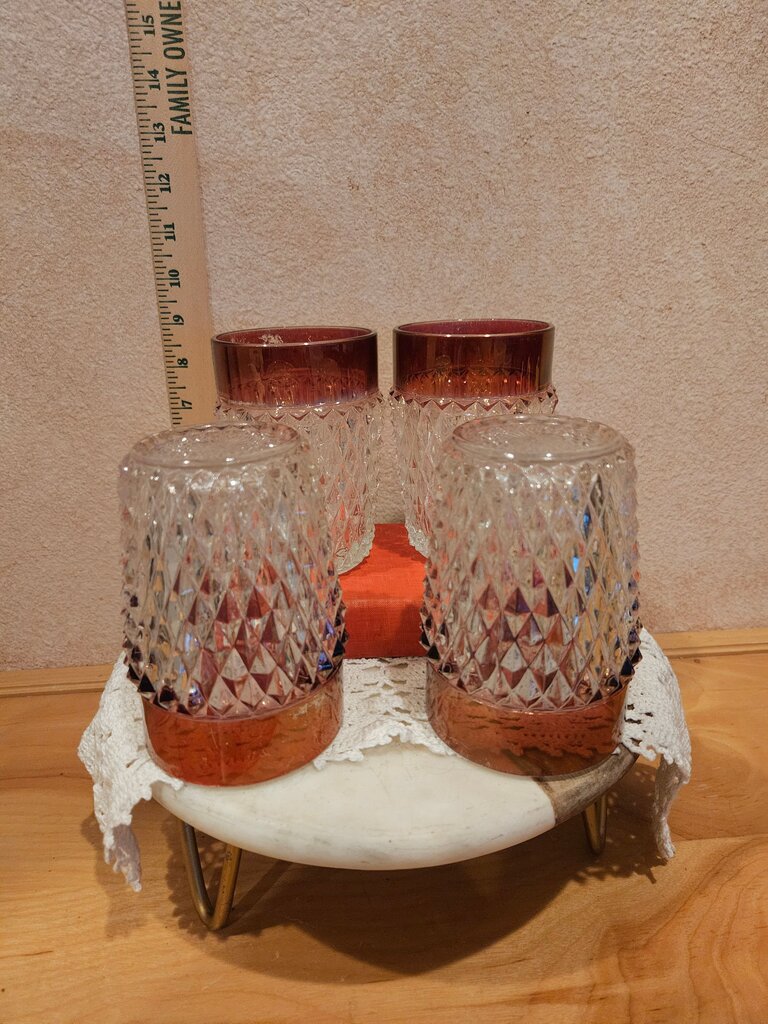 Vintage Ruby Red Flash Diamond Point flat bottom tumblers by Indiana Glass Cranberry barware