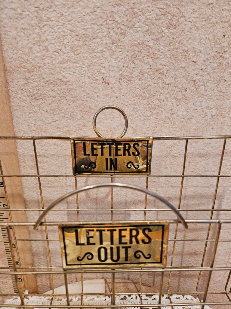 Vintage Mid Century Gold/Brass Wire Metal Letters In & Out Holder, Wall Home Office/Desk Organizer, Hanging Paperwork Caddy