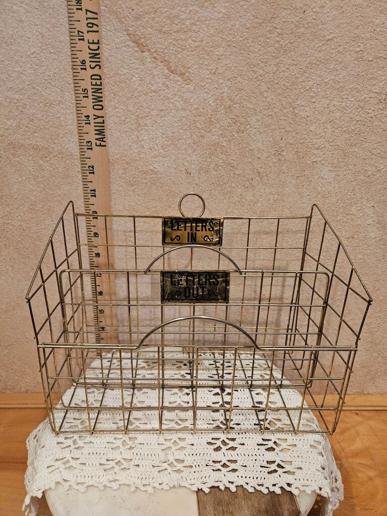 Vintage Mid Century Gold/Brass Wire Metal Letters In & Out Holder, Wall Home Office/Desk Organizer, Hanging Paperwork Caddy