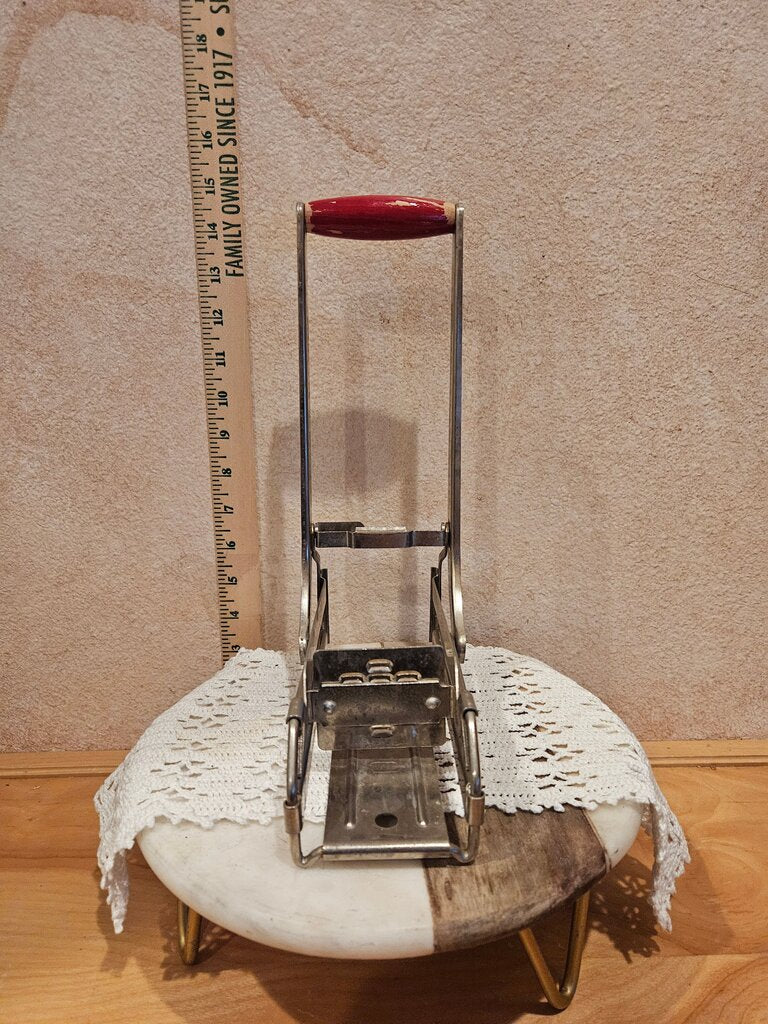 Vintage Potato Chipper French Fry Maker Cutter 1950s 1960s Red Wooden Kitchen Retro Metal Utensil