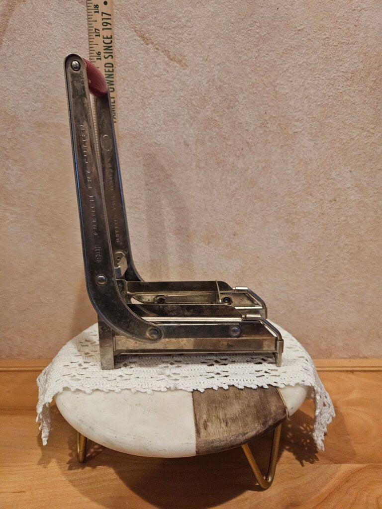 Vintage Potato Chipper French Fry Maker Cutter 1950s 1960s Red Wooden Kitchen Retro Metal Utensil