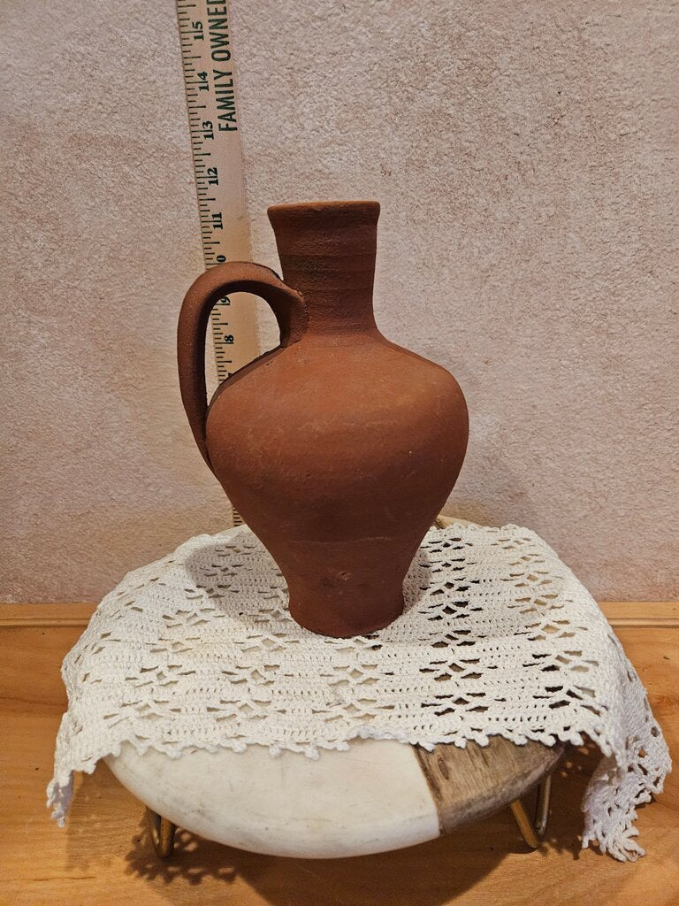 Earthenware Red Clay Pitcher, Terracotta Old World Style Pottery Water Jug, Unglazed Rustic Farmhouse Kitchen Decor.