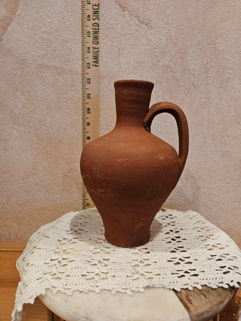 Earthenware Red Clay Pitcher, Terracotta Old World Style Pottery Water Jug, Unglazed Rustic Farmhouse Kitchen Decor.