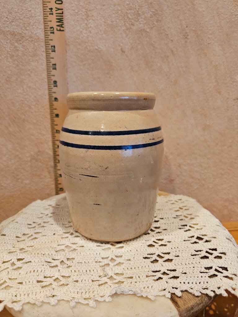 Vintage Stoneware Crock with Blue Stripe