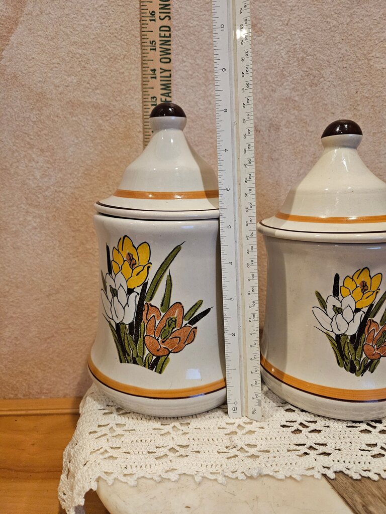 Set: Vintage Ceramic Storage Canisters Flower Pattern California Pottery Tulip collection hand made and painted