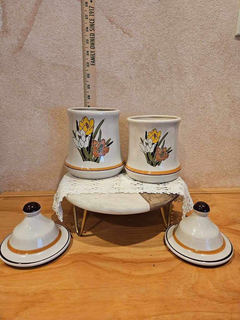 Set: Vintage Ceramic Storage Canisters Flower Pattern California Pottery Tulip collection hand made and painted