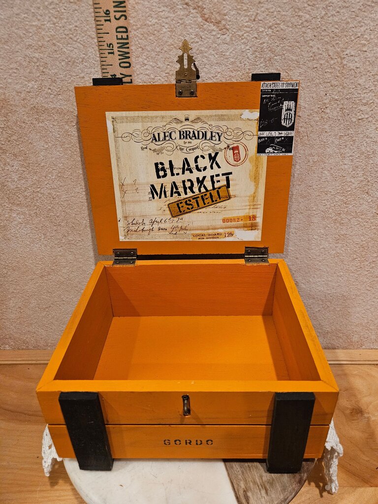 Orange Black Market Cigar Man Box, Watch/Dresser Valet/Desk/Gun/Keepsake Box, Humadorables by Susan