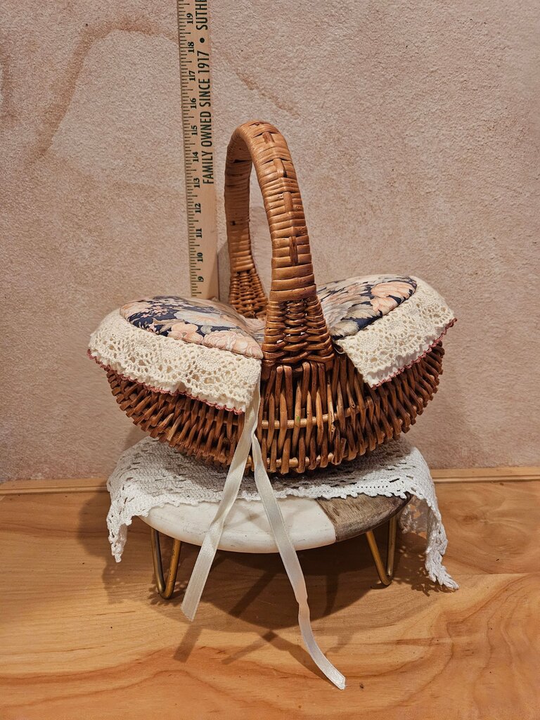 Vintage Wicker Reed Double Sided Sewing basket with Floral Lace trimmed pin cushion top