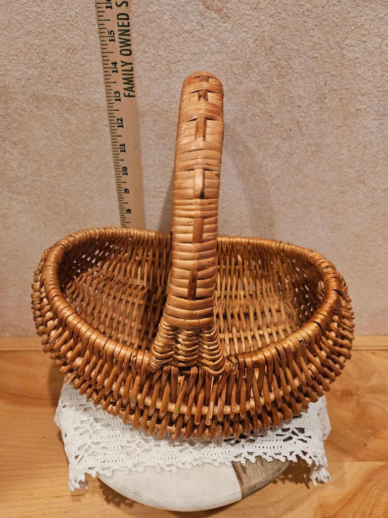 Vintage Wicker Reed Double Sided Sewing basket with Floral Lace trimmed pin cushion top