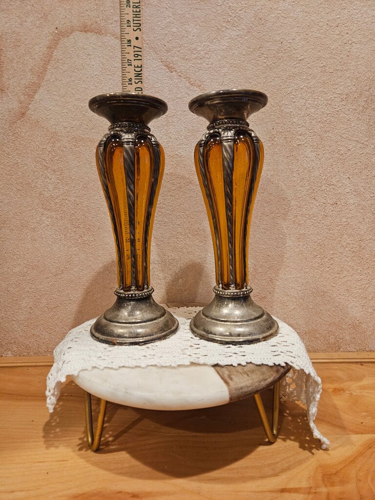 Set of Vintage Amber Glass and Silver Plated Metal Candle Holders Scrollwork Plant Stands