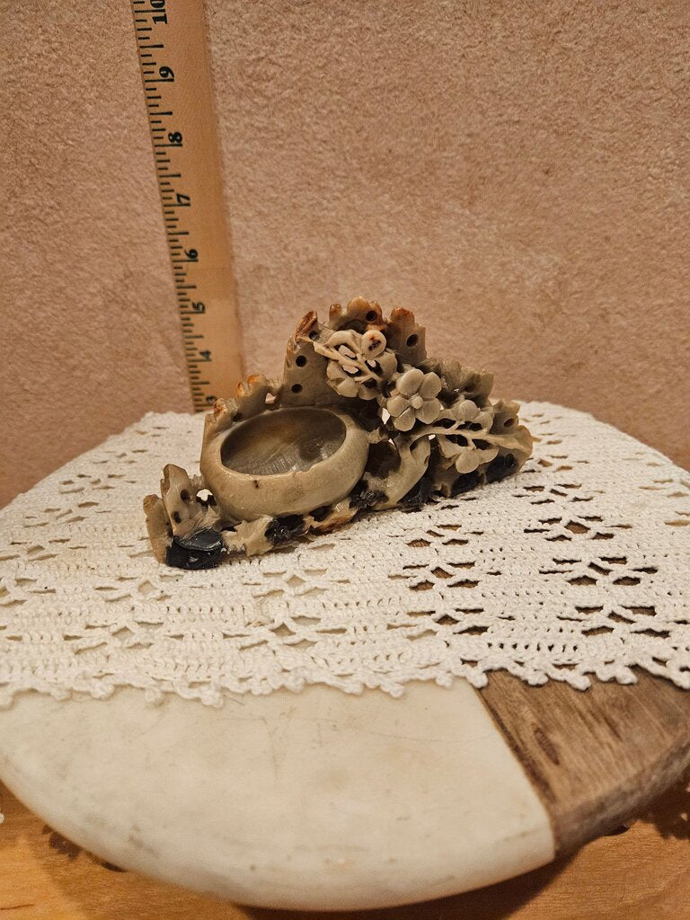 Chinese Hand Carved Soap Stone Brush Pot/Vase Ink Well Rose & Beige Colors