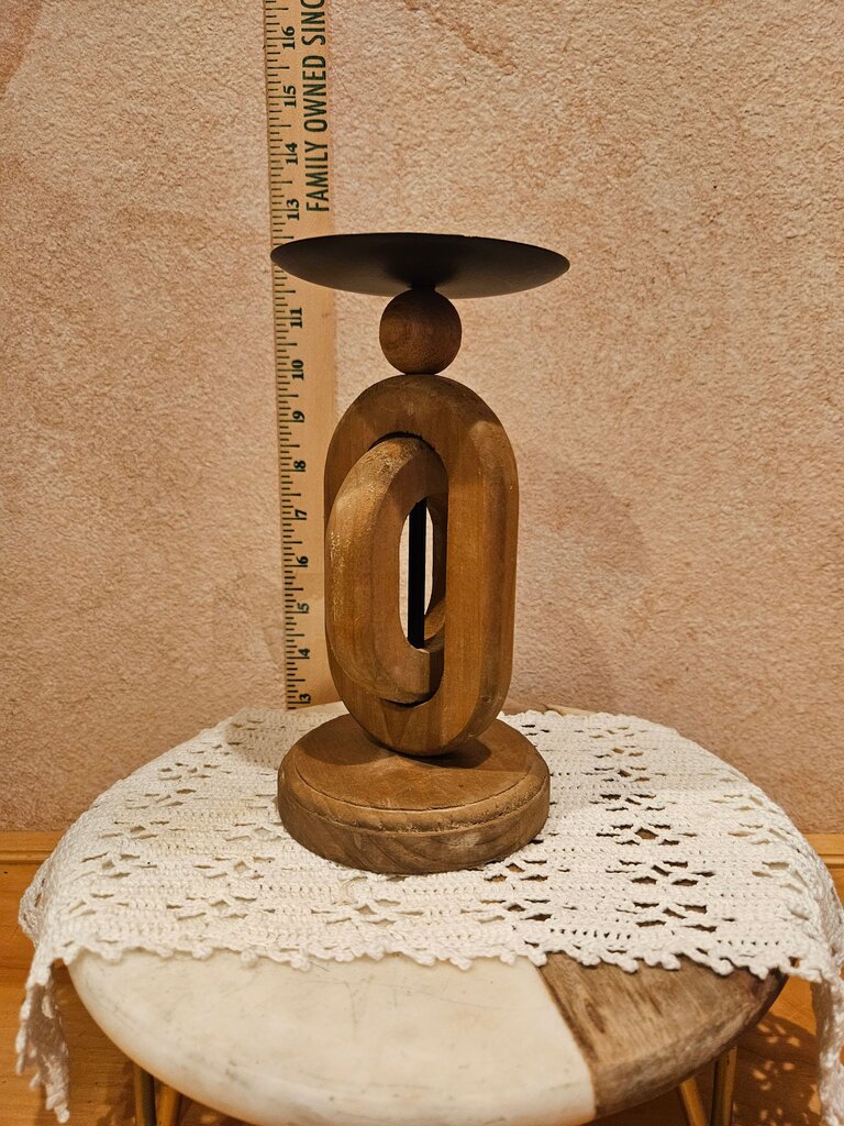 Vintage Wood chain-link carved twisted candlestick with round base