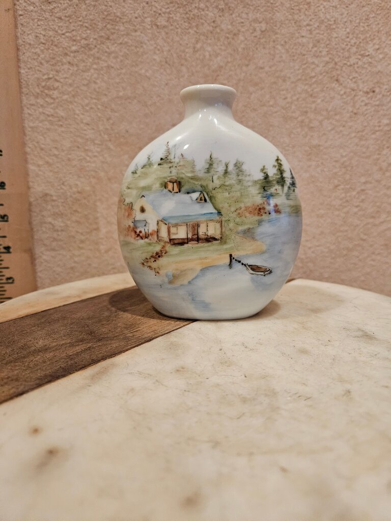 Hand-Painted Decorative Vase with Cabin Scene signed work