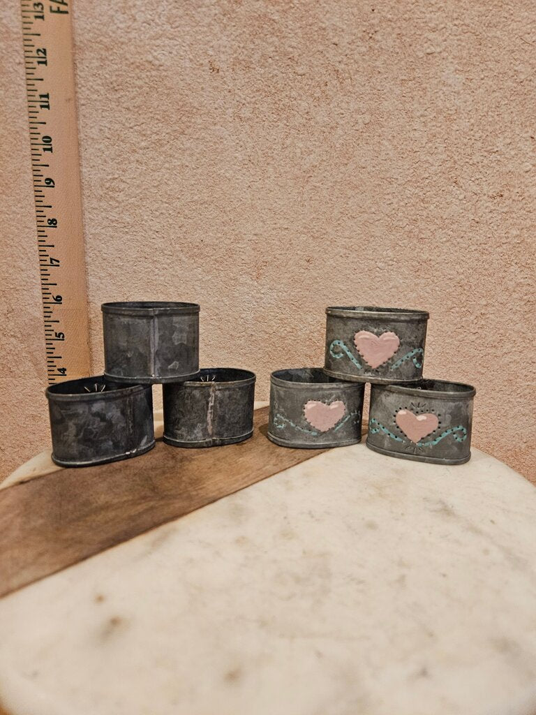 Vintage Galvanized Napkin Rings with painted heart pattern Set Of 6 Farmhouse Rustic Country